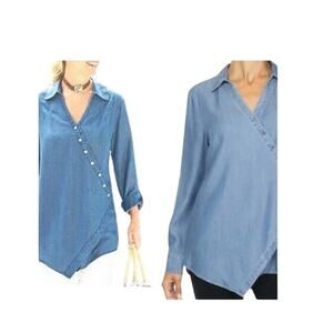 Soft Surroundings Womens M 12 Asymmetrical Washed Tencel Tunic Top Boho Denim